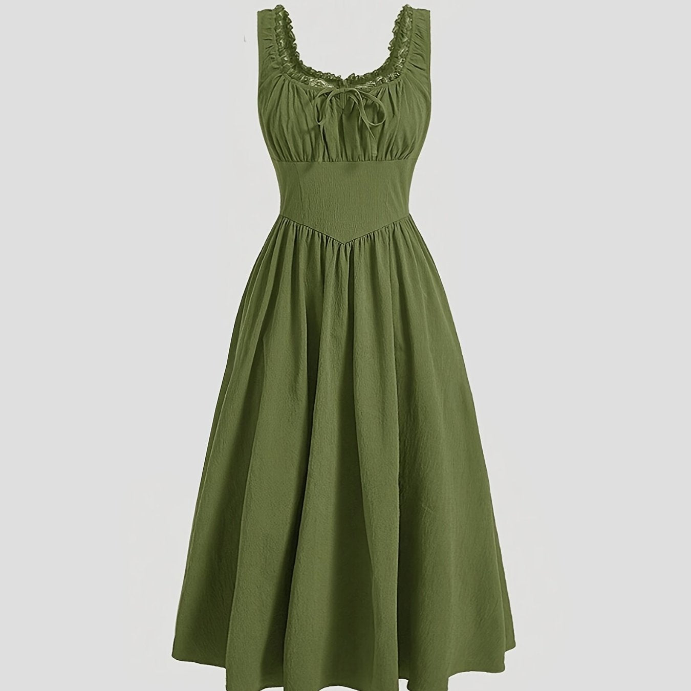 Olive Green Elegant Dress with Lace Details