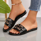 Sandálias slip-on confortáveis e elegantes para mulheres, perfeitas para uso interior e exterior, com um design de bico redondo, ideais para vestuário casual e férias, com um salto baixo e plano.