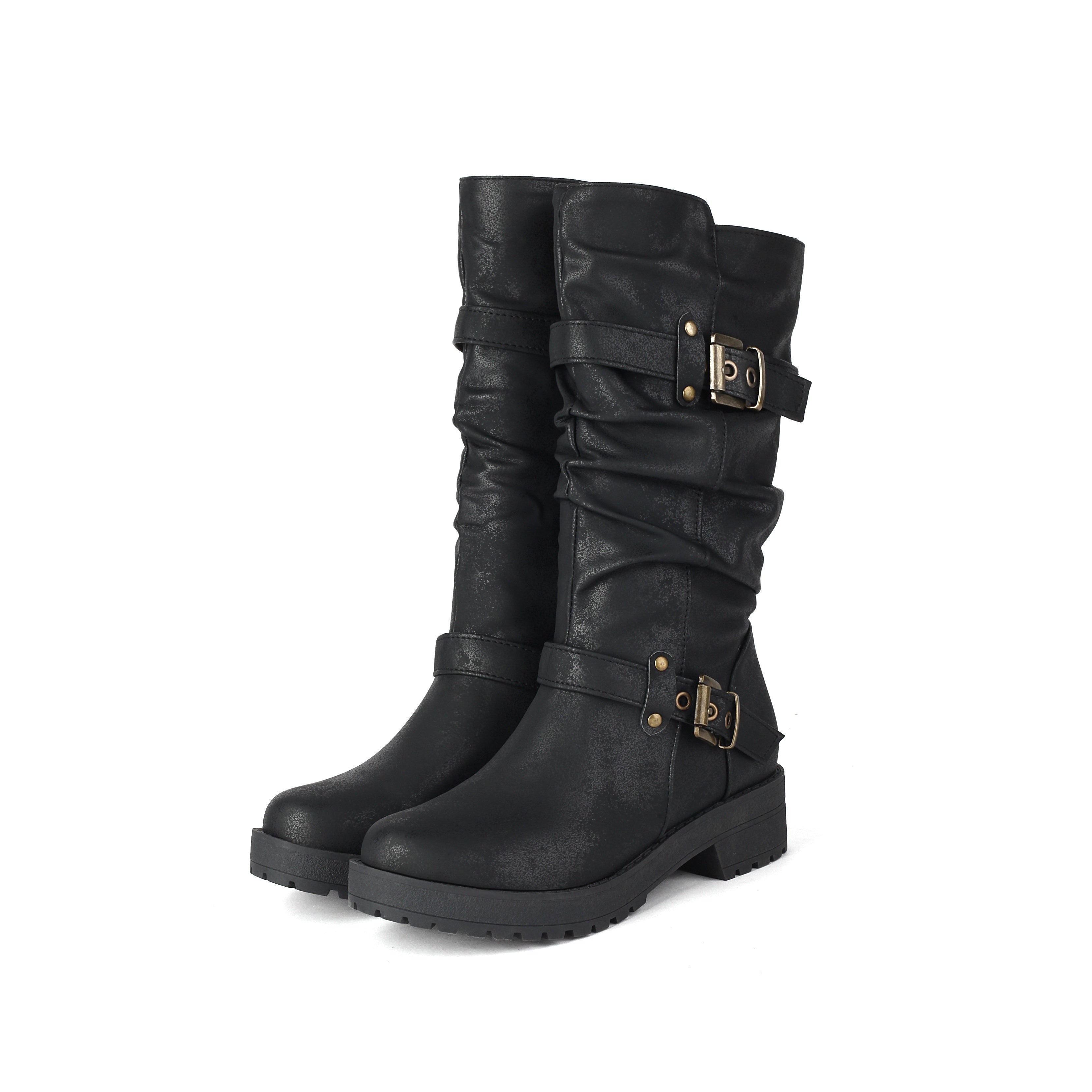 Botas de cano médio estilo retro para mulher com parte superior falsa, forro de lã, salto baixo e fecho de correr para o inverno