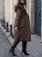 Casaco de inverno longo e quente com capuz forrado de pele sintética para mulher - Acolhedor e quente, com fecho de correr, ajuste solto e casual, cor castanha sólida, perfeito para looks de clima frio, casacos de inverno