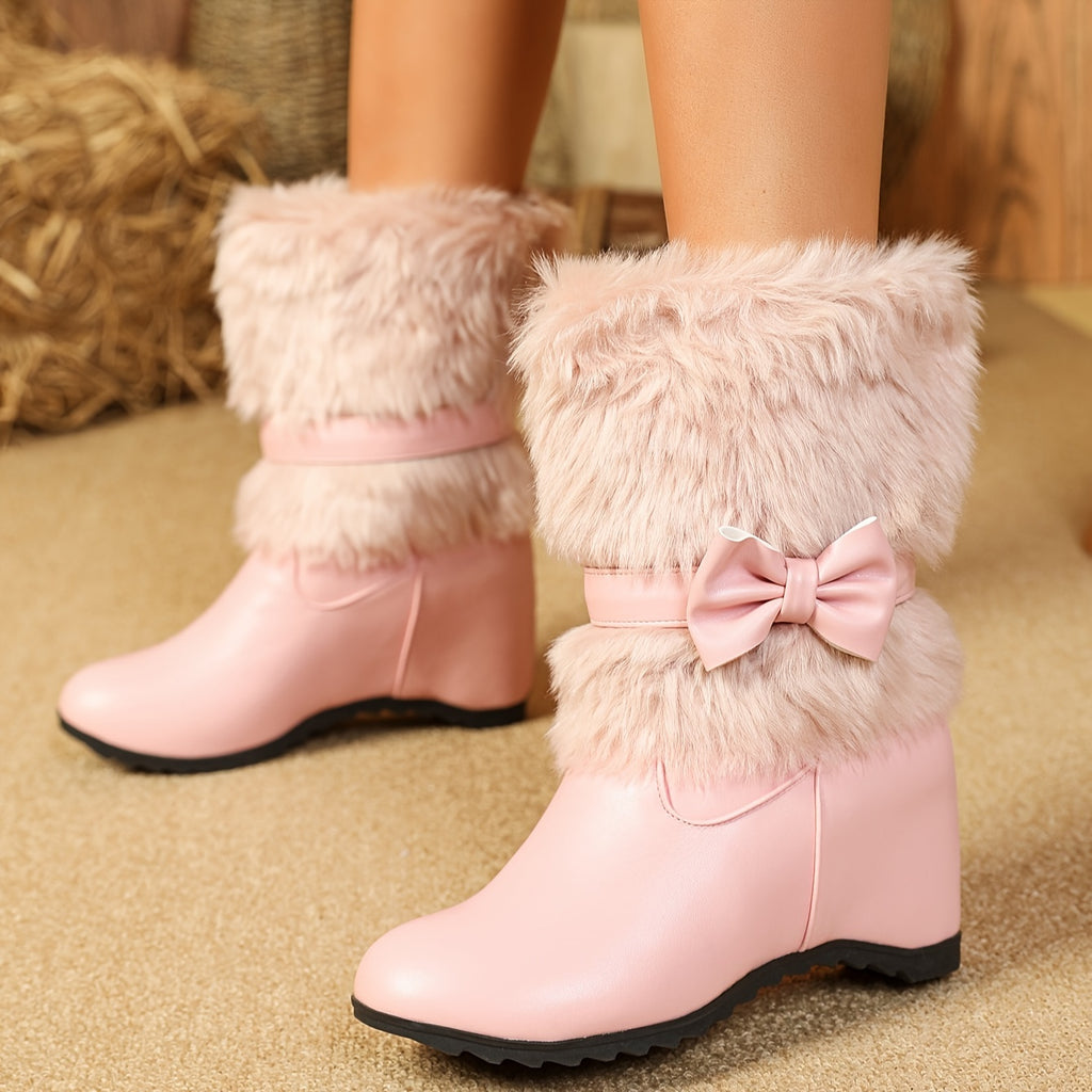 Botas de Inverno Acolchoadas para Mulheres - Botas Médias Confortáveis com Solado Grosso, Bico Redondo e Detalhe em Laço nas Cores Branco, Preto e Rosa - Perfeitas para o Clima Frio