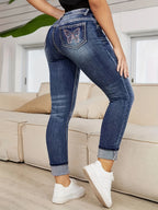 Jeans de Ganga Retos Bordados e Elásticos para Mulher | Estilo Casual, Padrão Geométrico, Para Usar em Todas as Estações