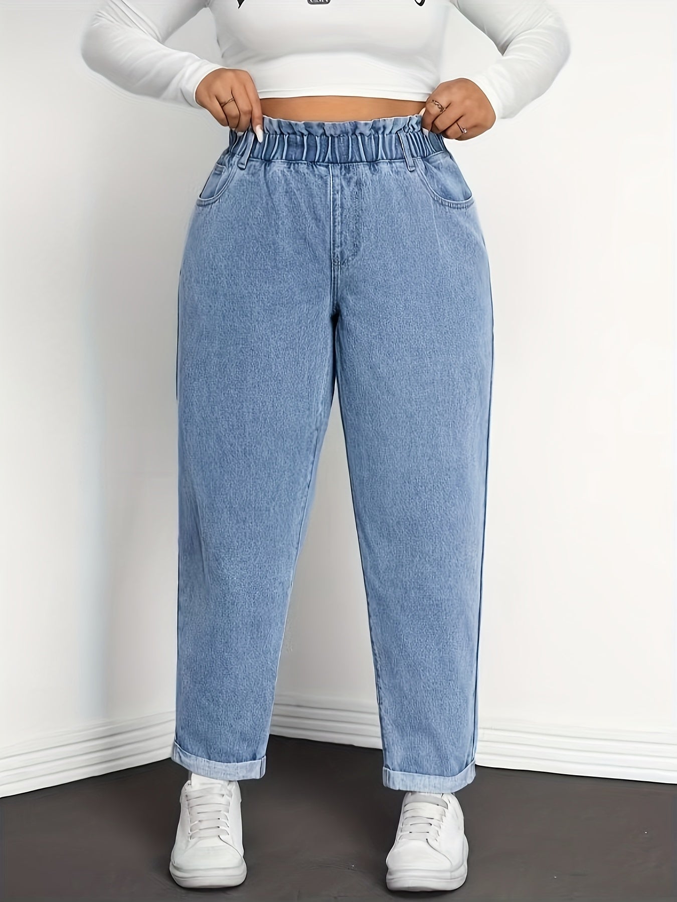 Calças Jeans Femininas de Cintura Alta - Cós Elástico que Não Deixa o Ventre à Vista, Calças Clássicas em Tecido Denim Sem Elasticidade para Uso Diário e Formal, Modelo H-Line Elegante e Casual