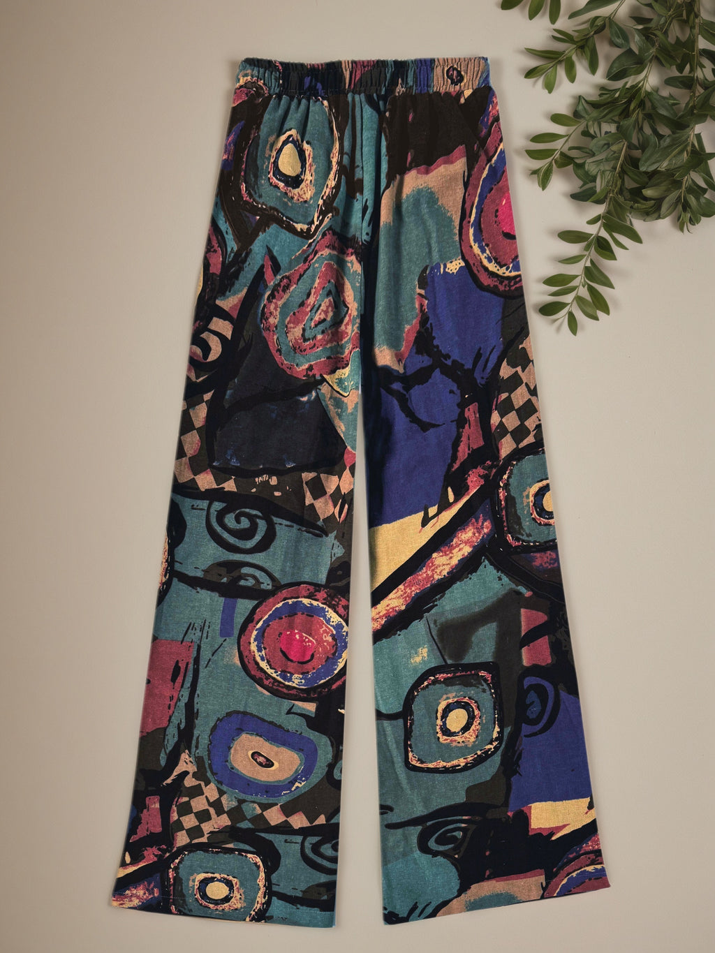 Calças largas elegantes retro para mulheres com estampado floral vibrante - Cintura elástica, bolsos, design de cintura alta para uso casual de primavera/outono, calças de cintura alta, moda sazonal, ajuste confortável