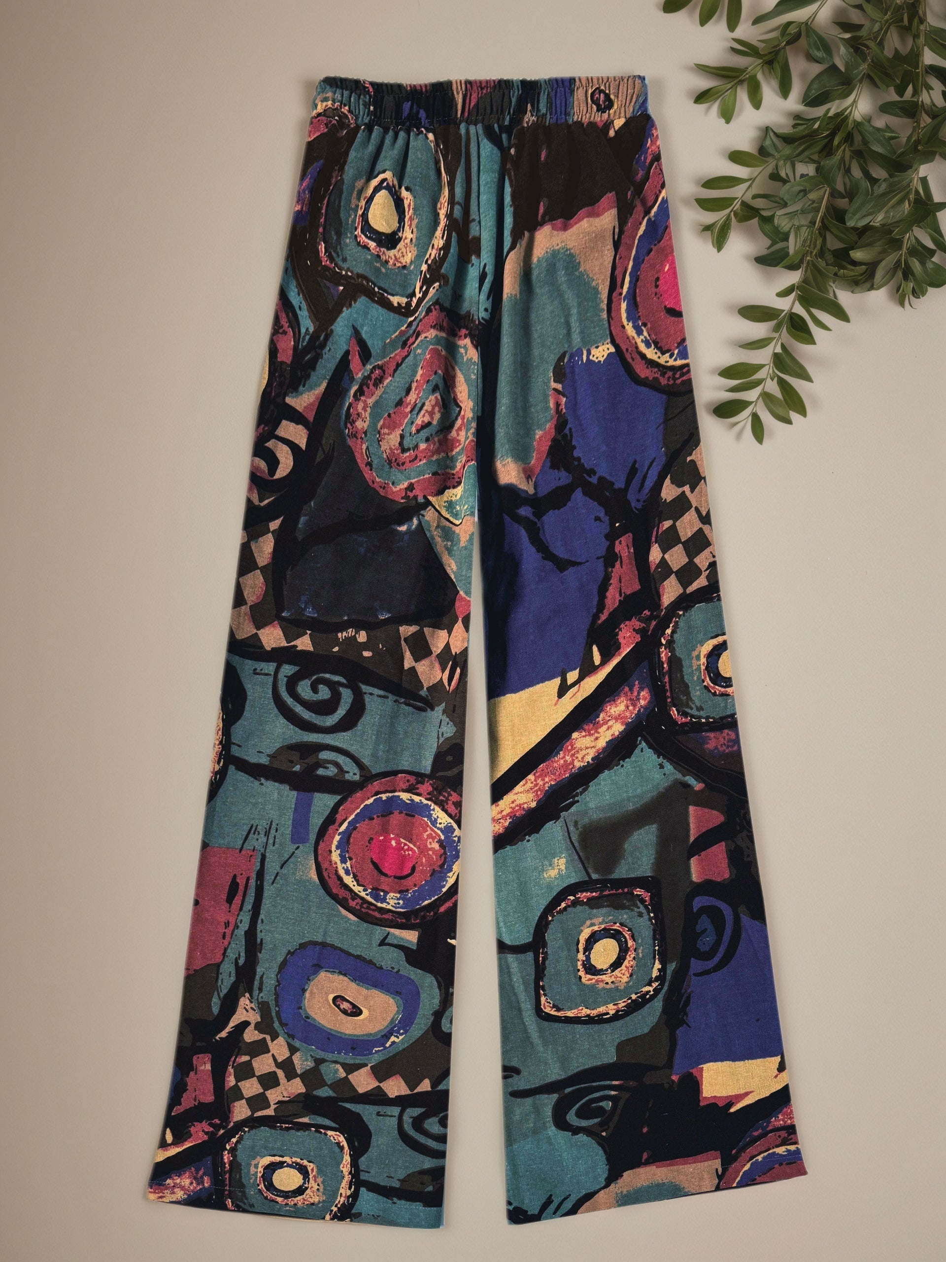 Calças largas elegantes retro para mulheres com estampado floral vibrante - Cintura elástica, bolsos, design de cintura alta para uso casual de primavera/outono, calças de cintura alta, moda sazonal, ajuste confortável