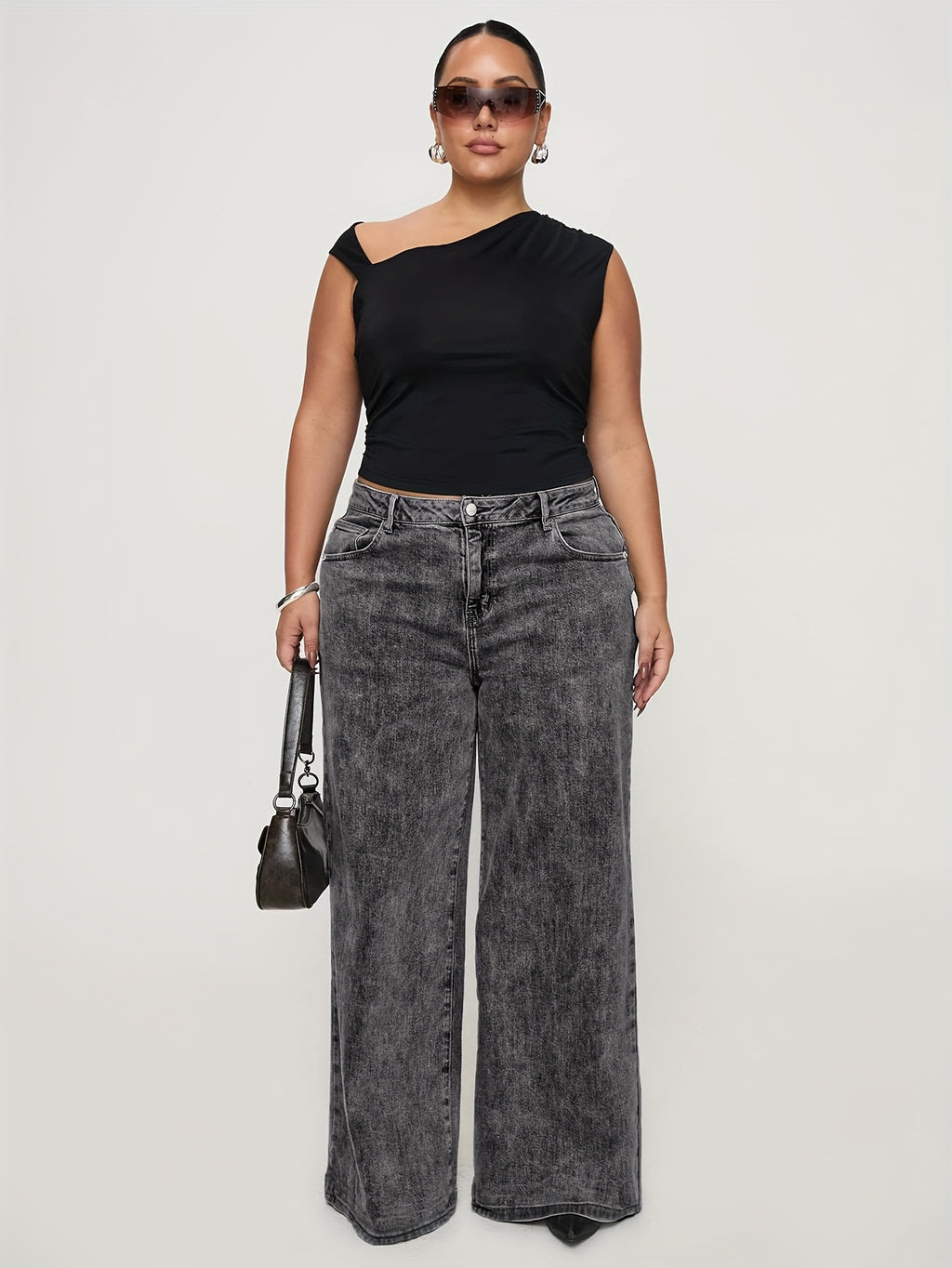 Jeans de ganga de tamanho grande para mulher, calças de perna larga cinzentas modernas e fashion para estilo europeu e americano, confortáveis e versáteis.