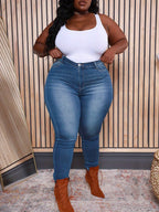 Jeans Justos Elásticos Plus Size para Mulher - Calças Elásticas Não Transparentes com Fecho de Zíper Incorporado, Roupa para Todos os Dias e Formais para Todas as Estações - Jeans K.1978 para Mulher