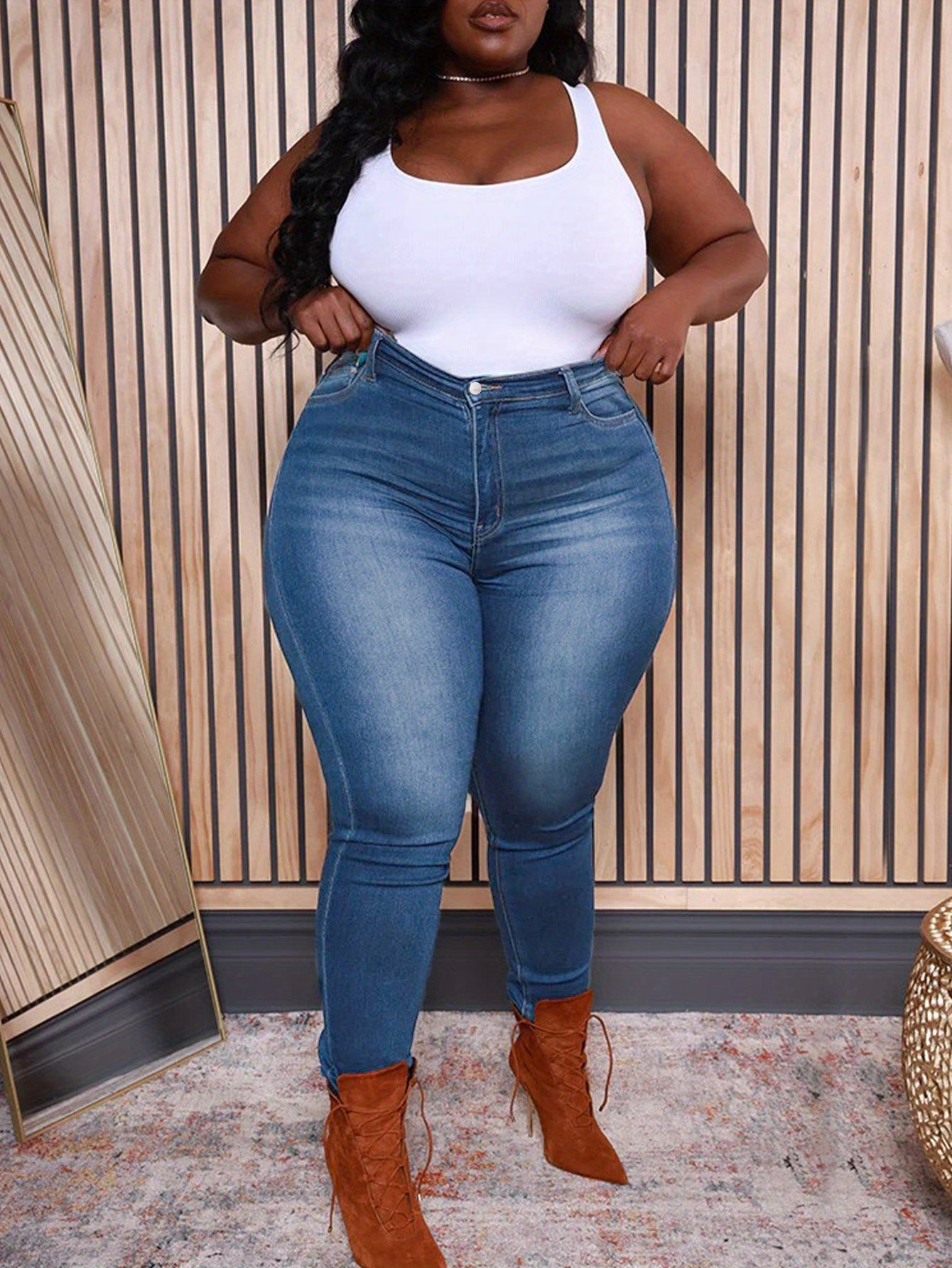 Jeans Justos Elásticos Plus Size para Mulher - Calças Elásticas Não Transparentes com Fecho de Zíper Incorporado, Roupa para Todos os Dias e Formais para Todas as Estações - Jeans K.1978 para Mulher