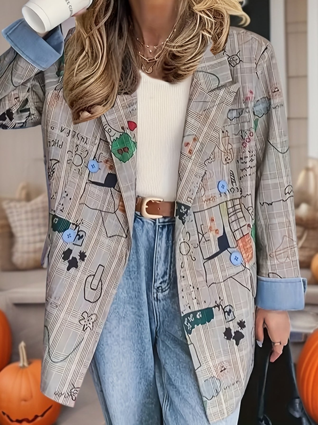 Blazer elegante de manga comprida para deslocações, moderno, com patchwork e estampado de graffiti nos punhos
