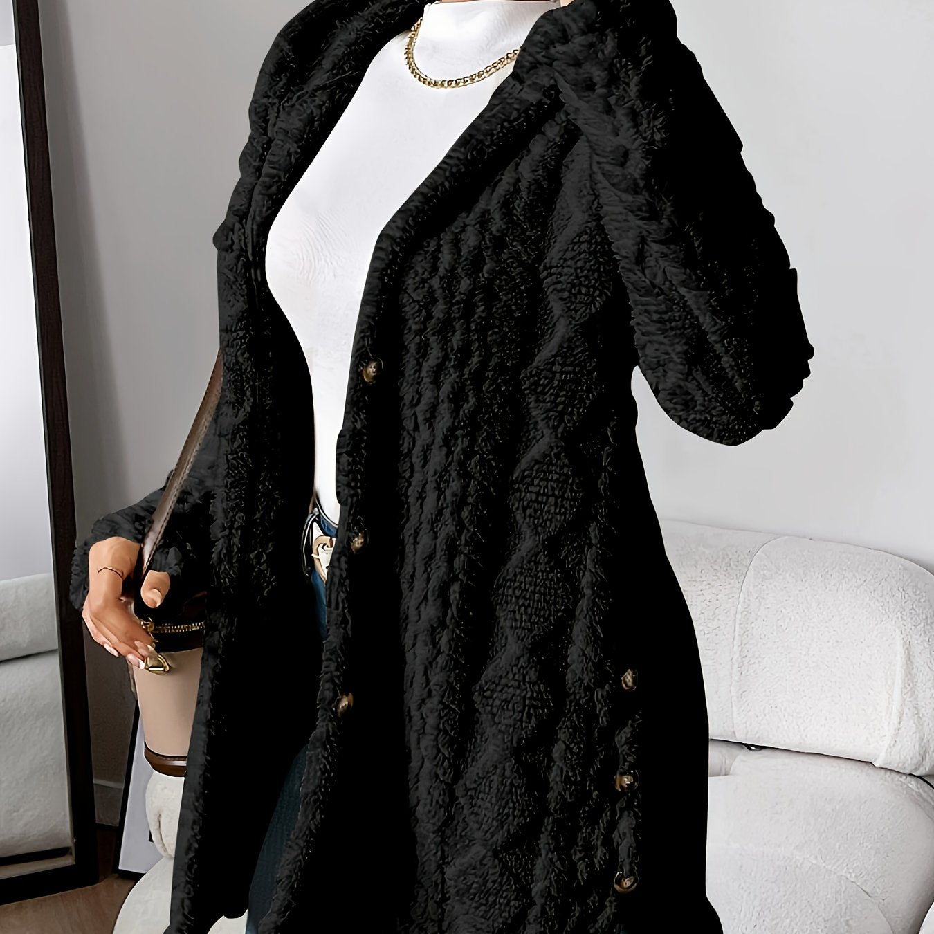 Chic Hooded Jacquard Plush Cardigan for Fall-Winter