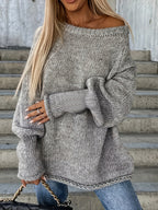 Blusa Plus Size Feminina de Ombro a Descoberto - Pulôver Solto e Estiloso para Outono/Inverno, Looks Casuais e Formais - Lavável à Mão, Moda Feminina, Tricô Moderno, Costura de Qualidade, Roupa de Escritório, Tecido Aconchegante, Top de Malha, Vestuário Invernoso