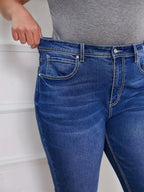 Calças Jeans Femininas Plus Size de Cintura Alta em Stretch, Modelagem Reta com Bolsos Inclinados e Estilo Vintage, Azul, Confortáveis para Uso Diário