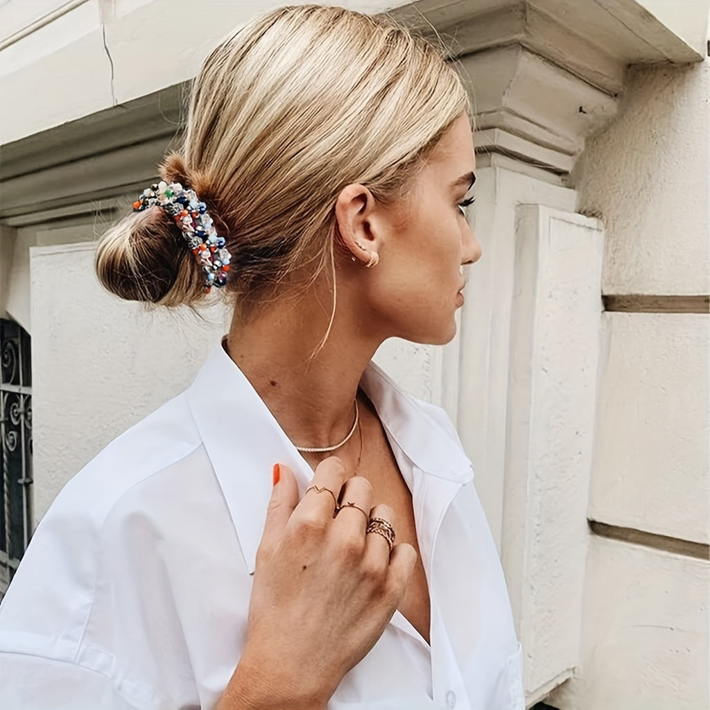 Faixa de Cabelo Elástica Branca com Miçangas para Rabo de Cavalo - Acessórios Femininos (Conjunto de 3)