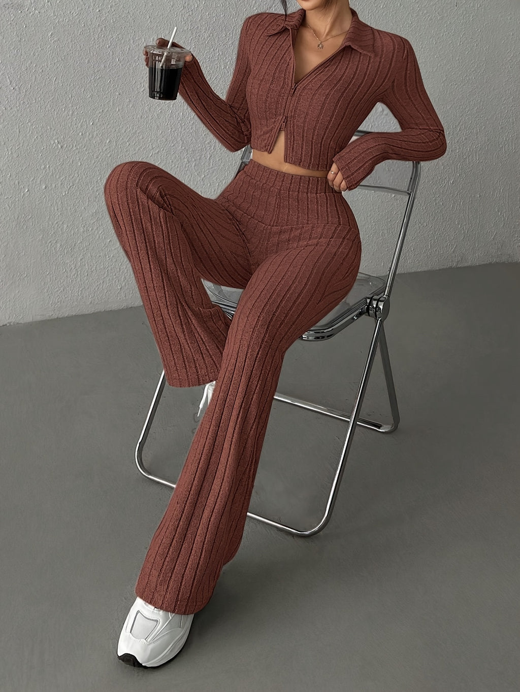 Cardigã Cropped e Calça Wide-Leg de Cintura Alta em Cores Sólidas para Primavera/Outono Casual e Estilosa