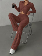 Cardigã Cropped e Calça Wide-Leg de Cintura Alta em Cores Sólidas para Primavera/Outono Casual e Estilosa