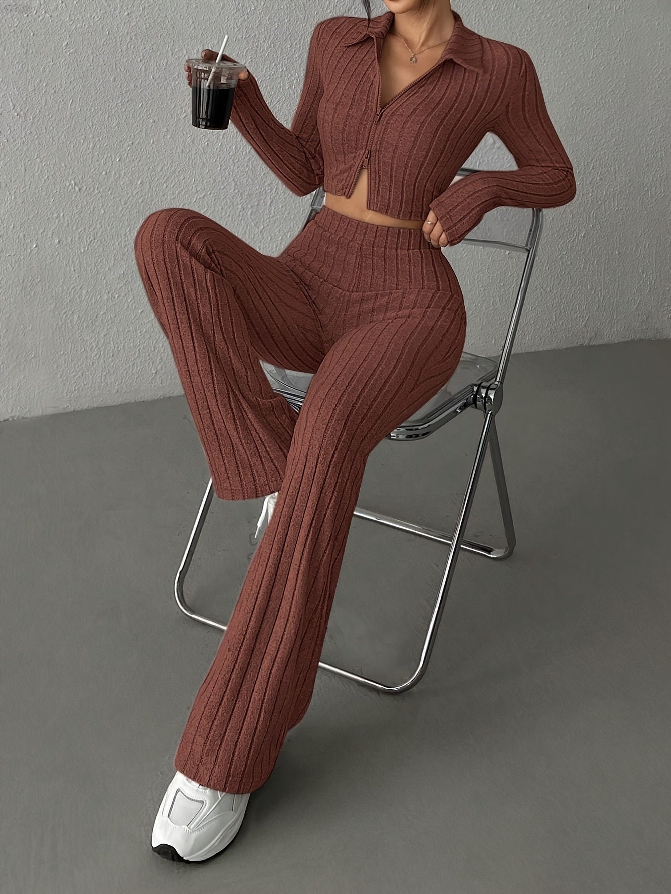 Cardigã Cropped e Calça Wide-Leg de Cintura Alta em Cores Sólidas para Primavera/Outono Casual e Estilosa