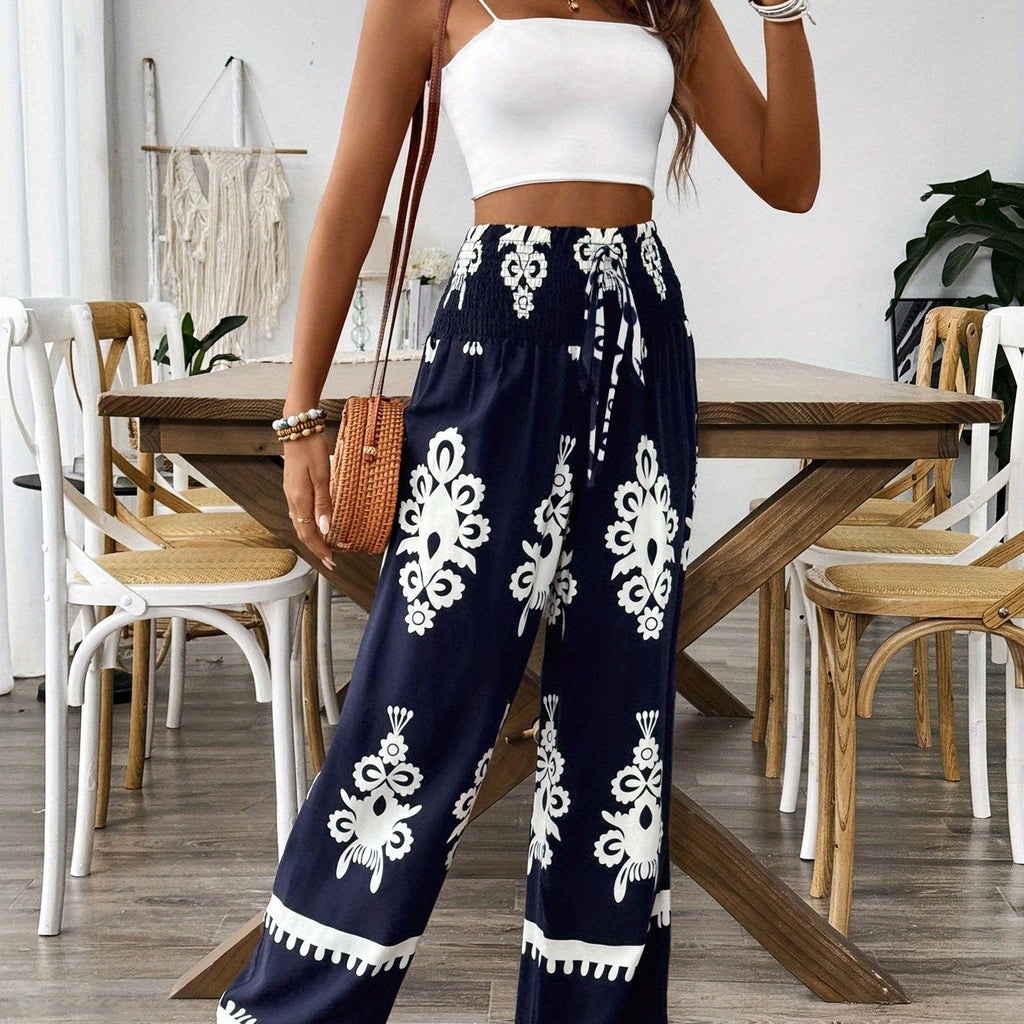 Wide Leg Floral Pants with Elastic Waist