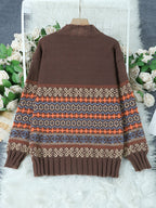 Suéter Vintage Jacquard de Gola Alta para Mulheres - Corte Solto, Preto com Estampa Floral Azul e Laranja, Calor Outono/Inverno, Design Elegante Inspirado no Oriente Médio, Suéter Clássico Feminino