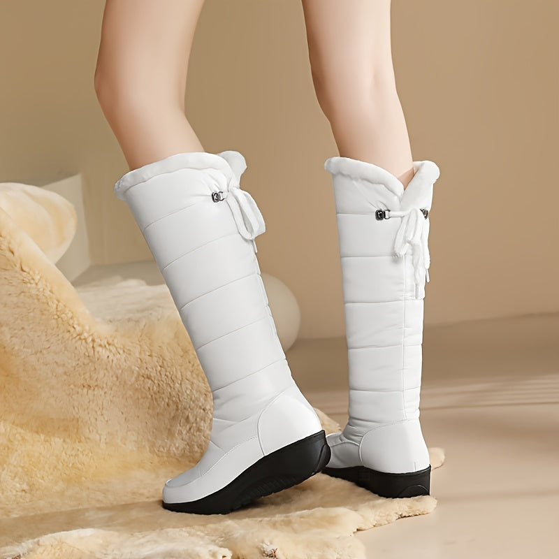 Botas de neve brancas para mulheres - Botas de inverno confortáveis até o meio da panturrilha com forro de pele sintética fofa, sola de borracha antiderrapante, salto plano e abertura lateral com fecho de correr para atividades ao ar livre, calçado de inverno | Botas de neve elegantes | Calçado durável