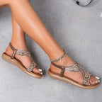Sandálias rasas de mulher com strass, estilo boho com elástico, sapatos de praia casuais de verão com dedo aberto