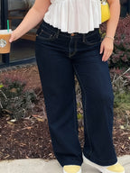 Calças Jeans Plus Size Femininas de Perna Larga em Linha H - Calças Compridas com Zíper na Coxa, Azul Escuro Elástico (Sem Passantes), Uso Casual e Formal para Todas as Estações, Lavável na Máquina para Mulheres Curvilíneas (Tamanho Plus Size)