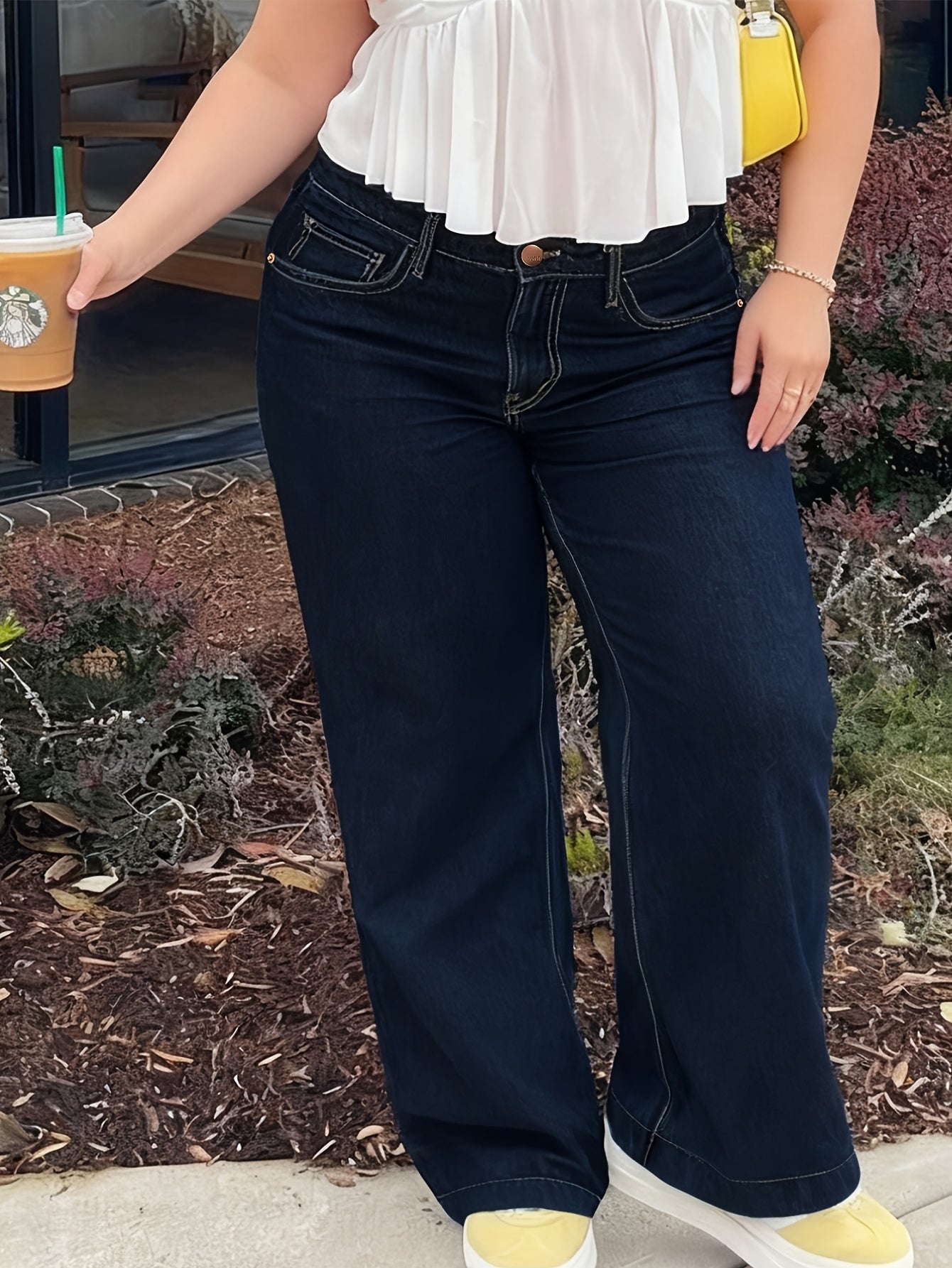 Calças Jeans Plus Size Femininas de Perna Larga em Linha H - Calças Compridas com Zíper na Coxa, Azul Escuro Elástico (Sem Passantes), Uso Casual e Formal para Todas as Estações, Lavável na Máquina para Mulheres Curvilíneas (Tamanho Plus Size)