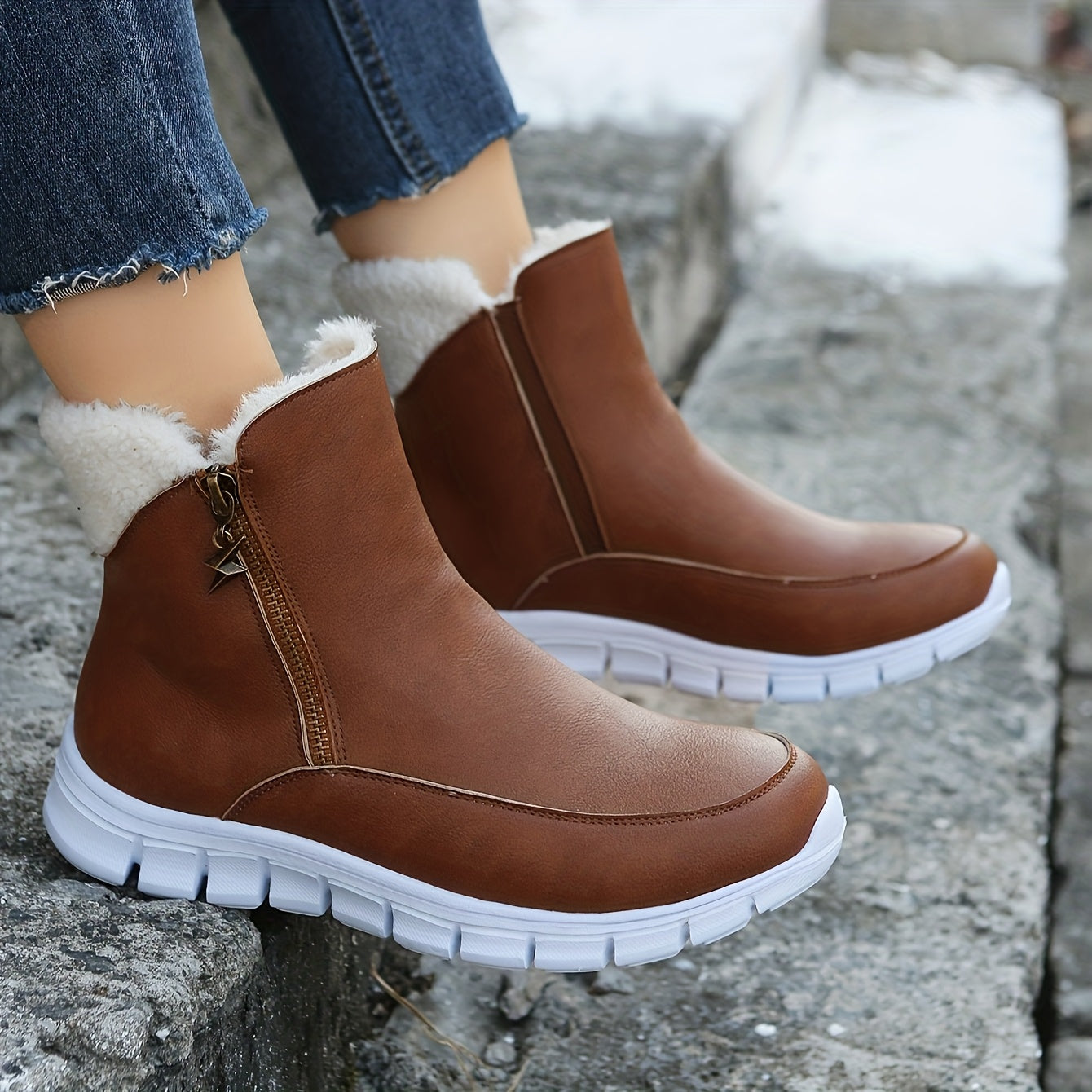 Botas de Inverno Femininas Aconchegantes com Forro de Fleece - Cano Curto, Solado Grosso, Zíper Lateral, Detalhe de Estrela, Bico Redondo Casual, Bege, Para Clima Frio, Botas de Inverno, Solado Grosso, Botas Curtas, Botas para Clima Frio