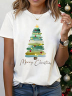 Camiseta Feminina com Estampa de Árvore de Natal - Blusa Branca Festiva com Frase "Merry Christmas", Gola Redonda Leve para Festas, Reuniões em Família e Uso Diário no Inverno - Roupa Lavável à Máquina com Guirlanda de Árvore de Natal