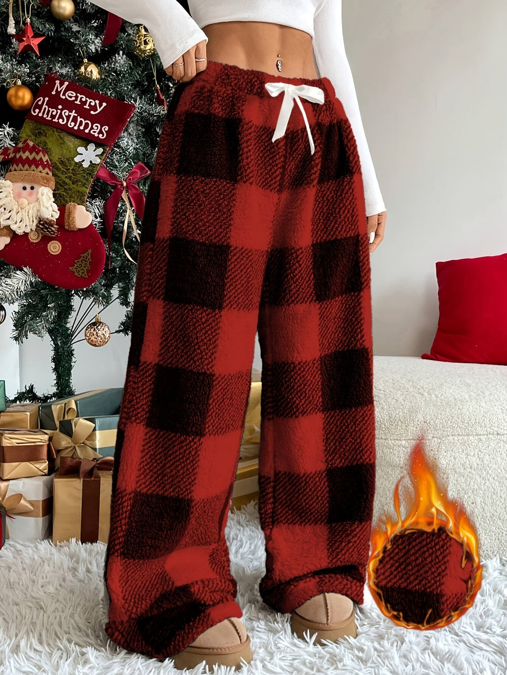 Calças de Inverno Femininas de Perna Larga com Cintura Elástica - Calças Maxi Xadrez, Calças Confortáveis e Quentes para Outono/Inverno, Laváveis na Máquina