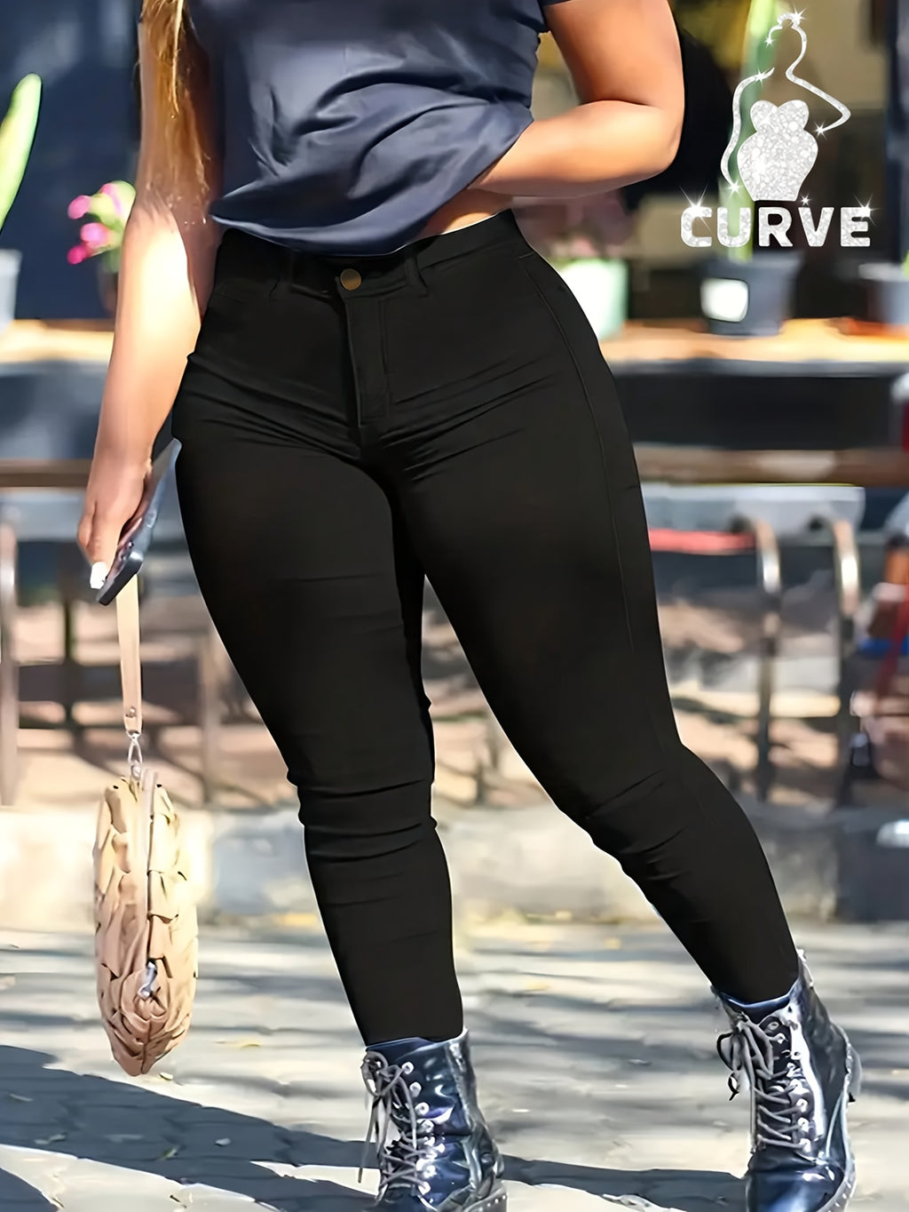 Jeans Justos Pretos Casuais de Tamanho Grande para Mulher