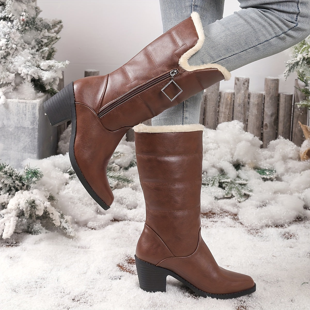Botas Femininas de Inverno 2025 com Salto Grosso e Zíper Lateral em Cor Sólida