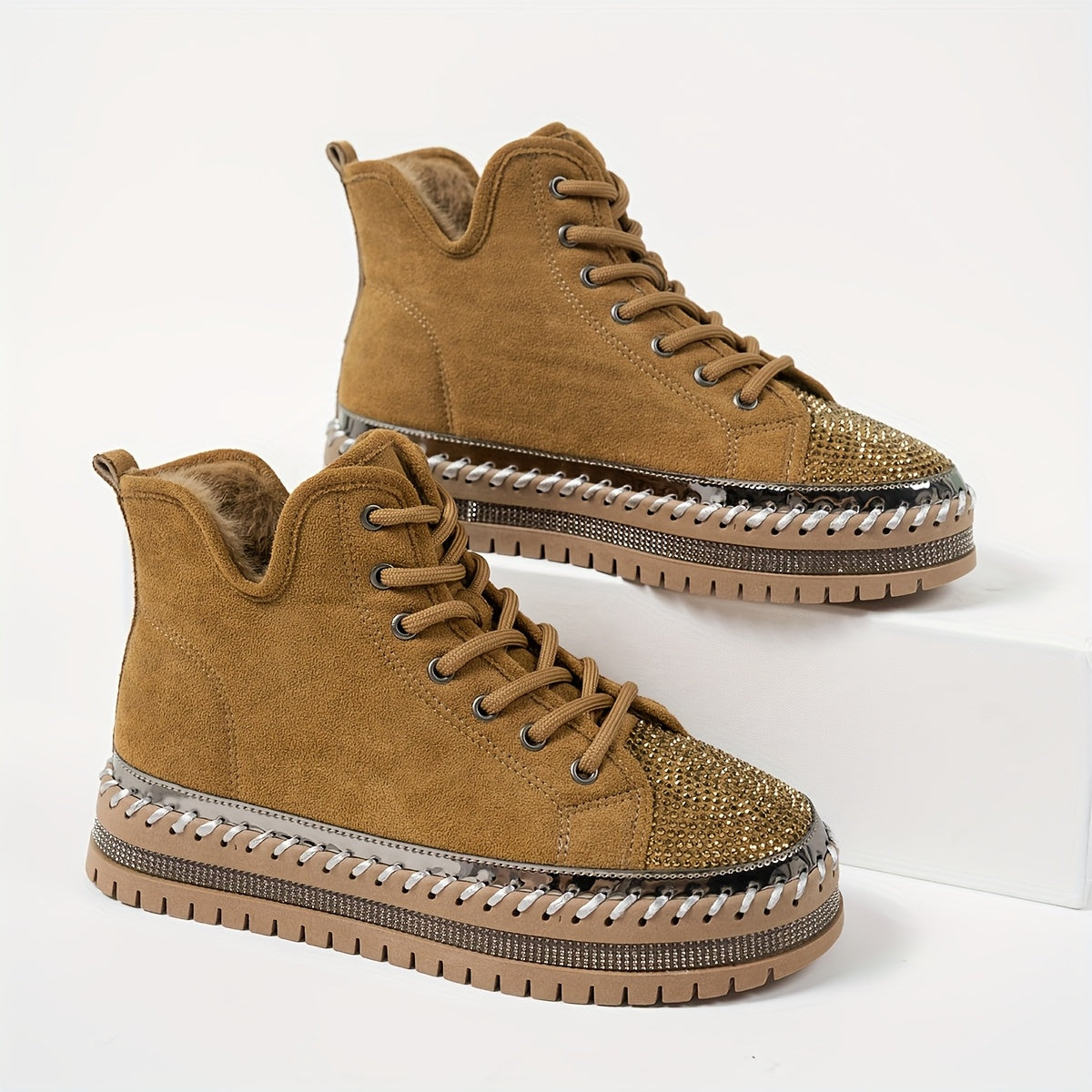 Botas de Inverno com Plataforma Grossa, Decoradas com Strass e Cadarço para Mulheres - Botins Cano Curto em Fleece, Sola Espessa de Borracha Redonda na Ponta, Brilhantes Bota de Neve para Natal, Ano Novo & Clima Frio (Preta) - Estilo Moda Coreana