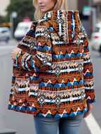 Casaco de Fleece com Capuz e Estampa Geométrica Asteca para Mulheres - Jaqueta Casual de Comprimento Médio com Bolsos Frontais, Lavável à Máquina & Fechamento de Botão Único para Passeios de Outono/Inverno, Moda de Outono, Design Étnico, Calor Duradouro