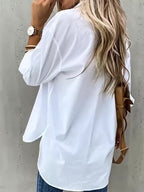 Camisa de botão casual de manga comprida para mulher - Cor sólida, corte relaxado, design de manga 3/4 com bolso no peito, top versátil para todas as estações para atuário casual, vestuário casual | Camisa de corte relaxado | Frente de botão