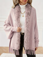 1pc Casaco Cardigan Poncho de Mulher com Gola de Pelo Sintético e Mangas Morcego | Cor Sólida com Borlas, Acabamento de Pelo Fofinho, Estilo Europeu Elegante, Casaco de Camisola Quente para Outono/Inverno, 70% Acrílico 30%, Lavar à Mão, Ideal para Deslocações e Uso Doméstico