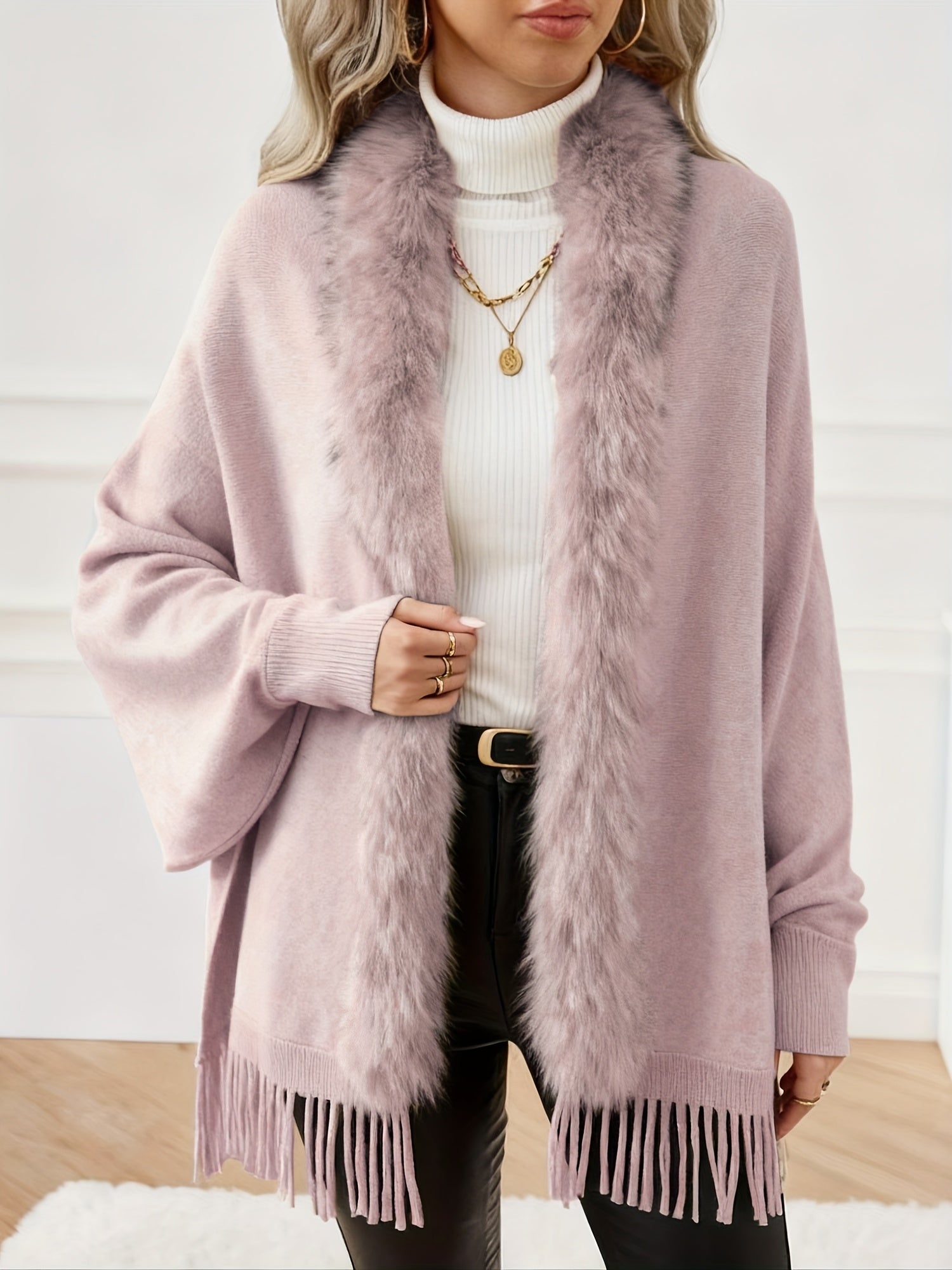 1pc Casaco Cardigan Poncho de Mulher com Gola de Pelo Sintético e Mangas Morcego | Cor Sólida com Borlas, Acabamento de Pelo Fofinho, Estilo Europeu Elegante, Casaco de Camisola Quente para Outono/Inverno, 70% Acrílico 30%, Lavar à Mão, Ideal para Deslocações e Uso Doméstico