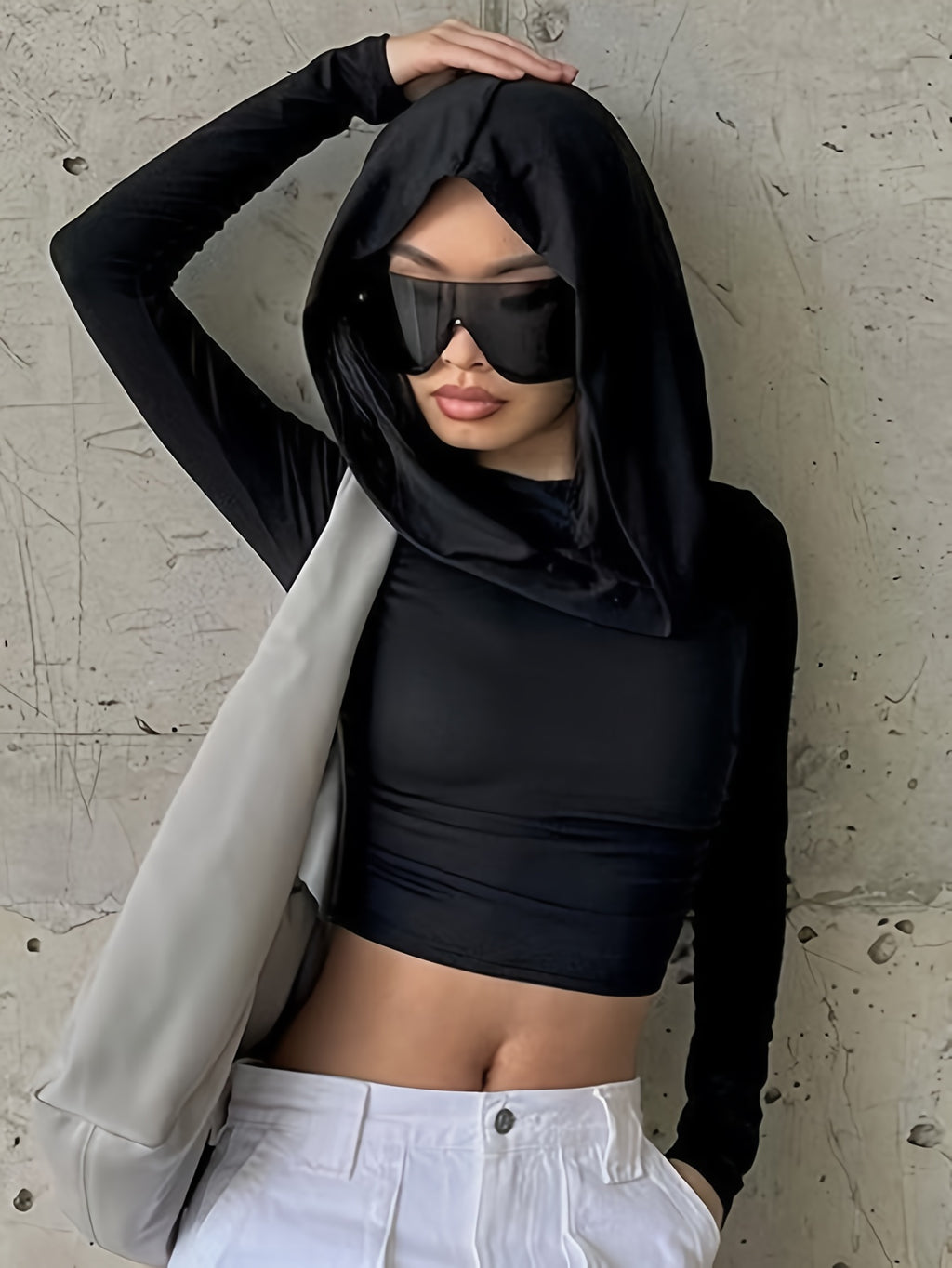 Top Recortado Com Capuz De Cor Sólida, Top Fino De Manga Comprida Y2K, Roupas Femininas