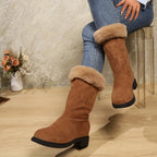 Botas Clássicas de Pelúcia para Mulher | Toque Suave, Conforto Quente de Inverno, Slip-on, Salto com Plataforma, Altura de Salto Médio