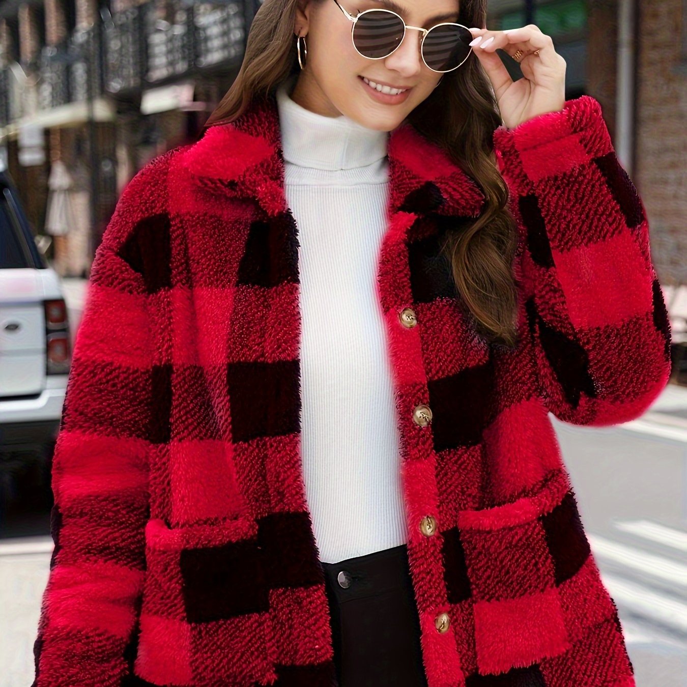 Teddy Coat with Plaid Pattern and Patched Pockets