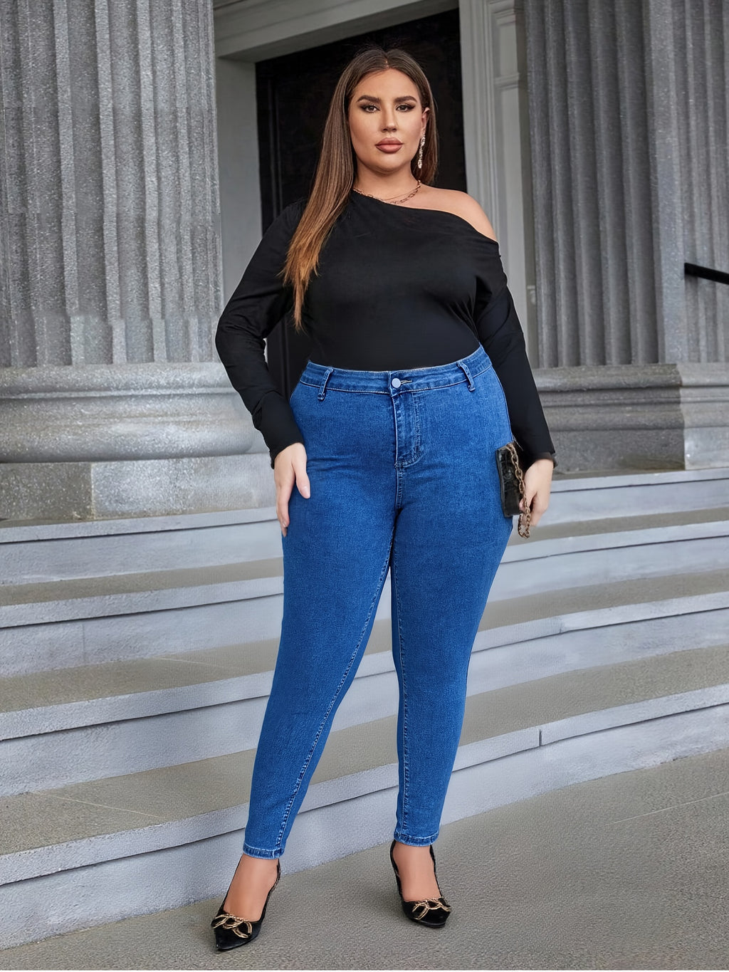 Jeans Justos de Tamanho Grande para Mulher | Cintura Subida, Ajuste Confortável, Tecido com Elasticidade Média, Comprimento Longo, Fecho de Zíper, Cor Lisa, Adequados para Todas as Estações