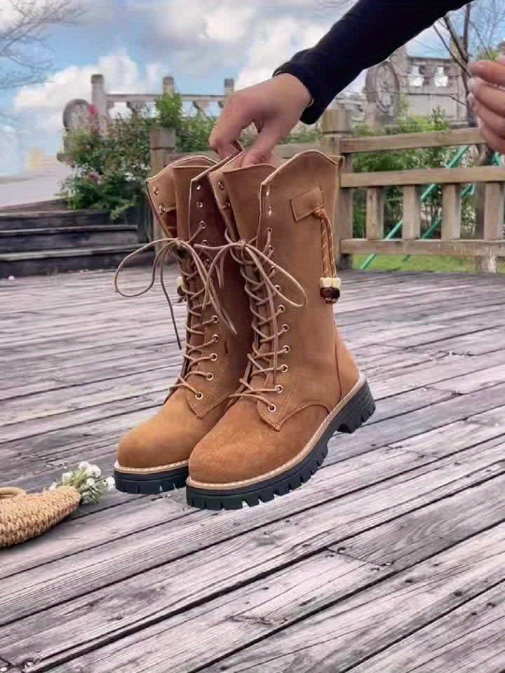 Botas de Cavaleira Femininas de Inverno Acima do Joelho (OTK) - Sola de Borracha Grossa e Salto Grosso, Botas de Montaria Marrom com Cadarço e Bico Redondo, Botas de Vestir para Equitação, Eventos Temáticos e Trajes Casuais (Lavagem à Mão)