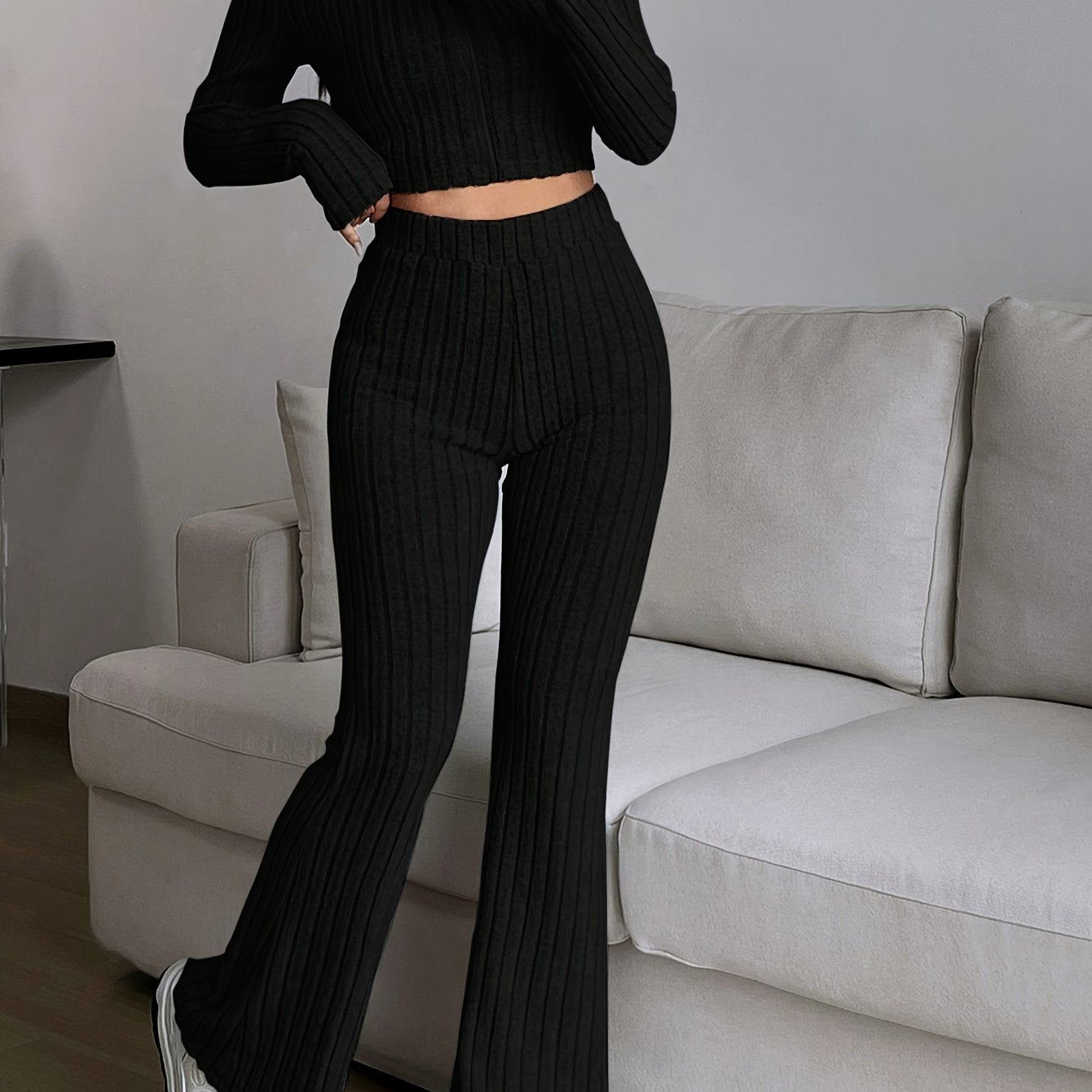 Chic Comfort: Cropped Cardigan & High-Waist Wide-Leg Pants Set