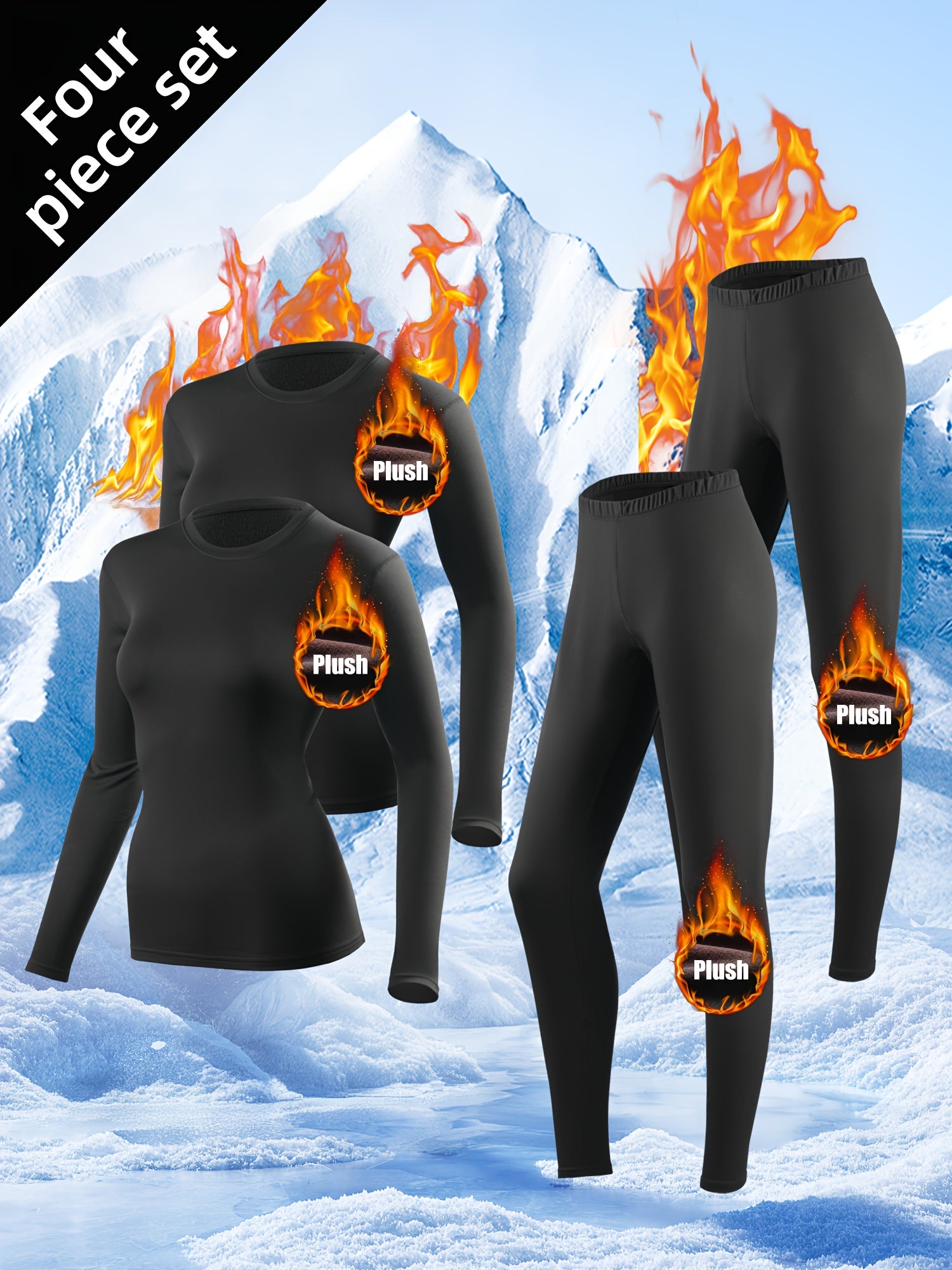 Conjunto de 4 Peças para Mulheres: Roupa Íntima Quente com Forro Polar, Camiseta e Calça Térmica para o Inverno