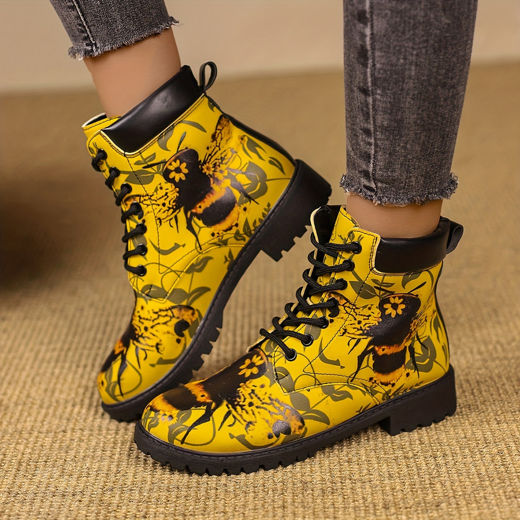 Botas curtas com estampado de abelha na moda para mulheres, botas de tornozelo com atacadores na moda, botas confortáveis para mulheres