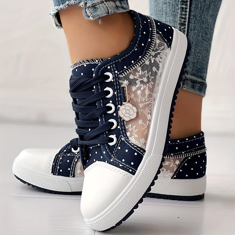 Tênis Casual Feminino com Malha Floral e Cobertura - Sapatos de Primavera Respiráveis de Cano Baixo com Cadarço e Bico Redondo, Calçado Confortável e Durável para Looks Casuais, Tênis Femininos, Calçado Estiloso ChicMe