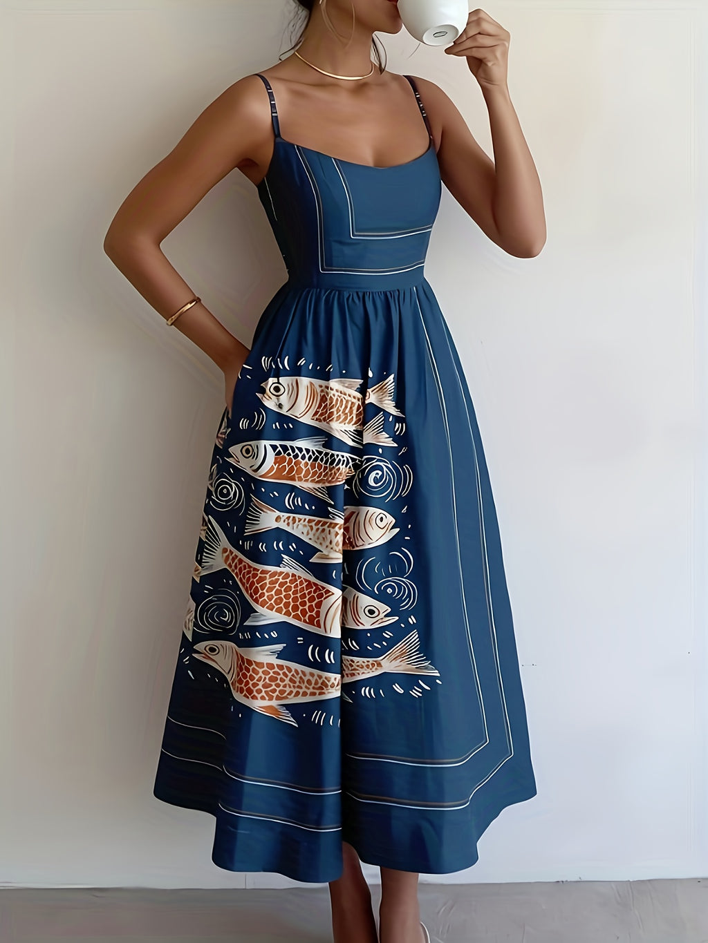 Vestido Vintage Abstrato com Estampa de Peixe - Azul Marinho e Laranja, Sem Mangas, Decote Ombro a Ombro, Saia A-Line Solta e Flare, Lavável à Máquina para Primavera Verão Outono, Moda Sazonal, Detalhe em Alças, Tecido Não Transparente, Roupa Casual ou Formal, Ideal para Férias, Vestuário Moderno
