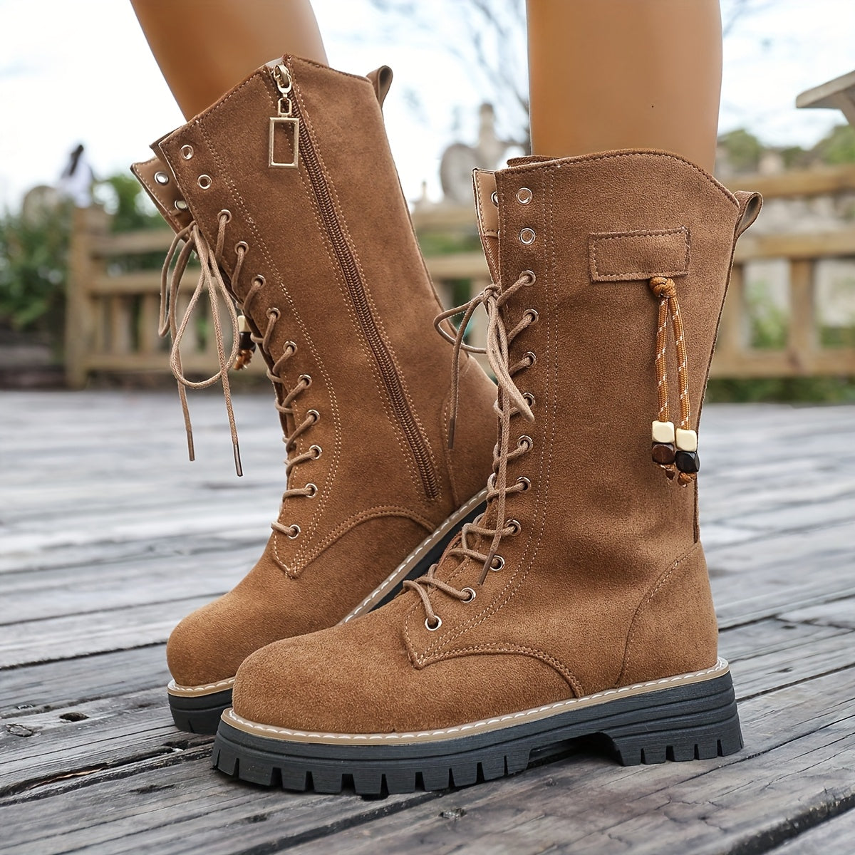 Botas de Cavaleira Femininas de Inverno Acima do Joelho (OTK) - Sola de Borracha Grossa e Salto Grosso, Botas de Montaria Marrom com Cadarço e Bico Redondo, Botas de Vestir para Equitação, Eventos Temáticos e Trajes Casuais (Lavagem à Mão)