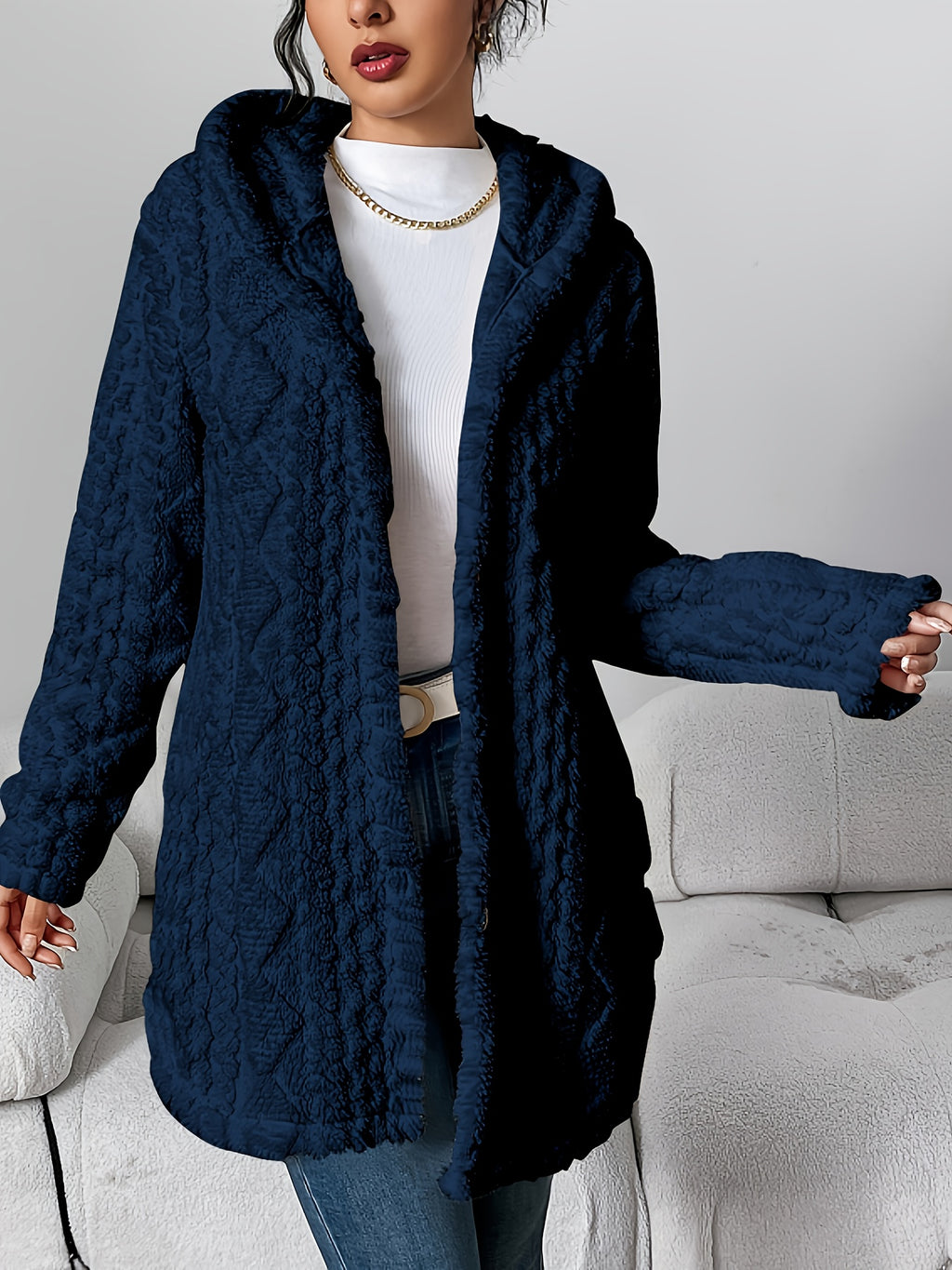 Casaco Cardigã com Capuz de Pelúcia Jacquard Quente e Fashion para Outono-Inverno