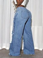 Jeans Elegantes de Corte Solto para Mulher | Ganga Desbotada e Desgastada, Tecido Elástico, Estilo Casual para Todas as Estações