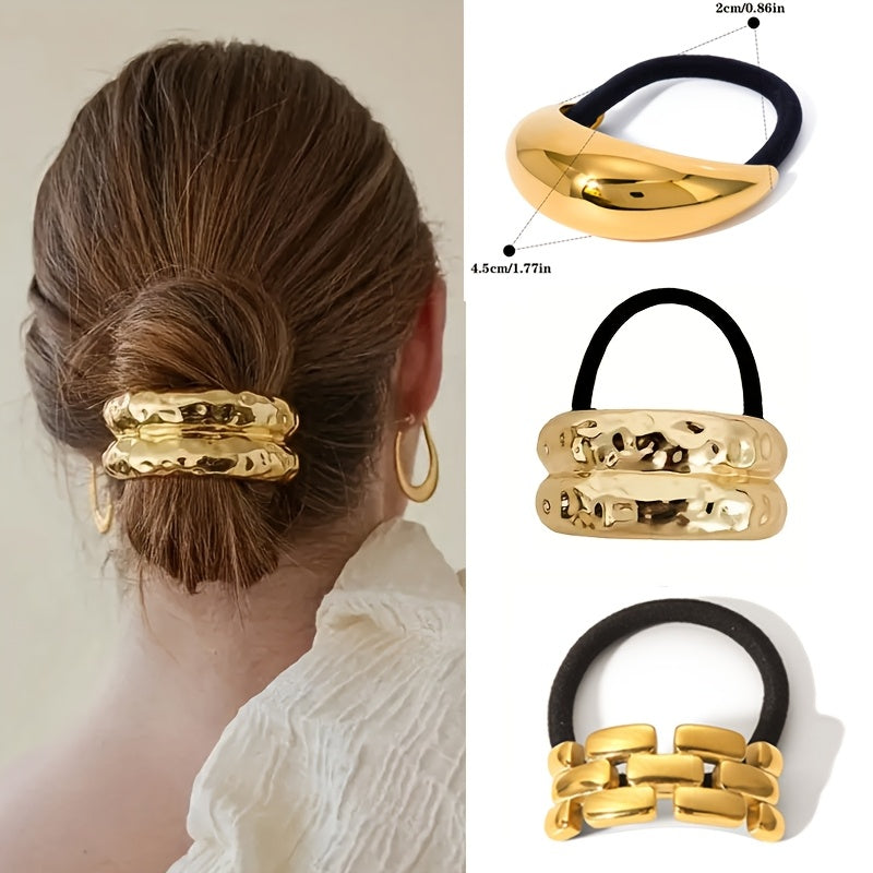 Conjunto de 3 peças de cordão de cabelo oco em liga dourada, design elegante e minimalista com detalhe de renda, cor sólida, para o festival de Natal, adequado para idades a partir dos 14 anos.